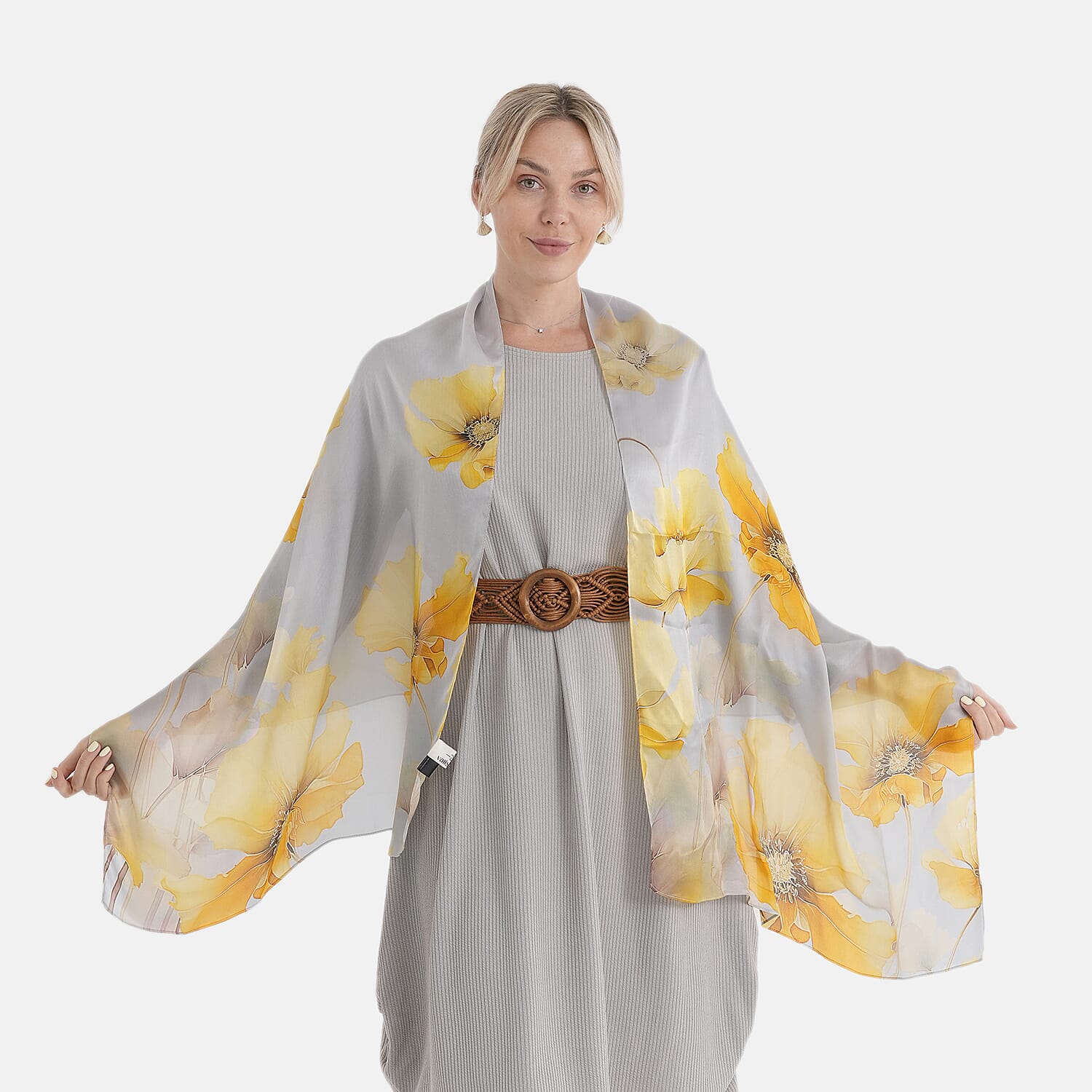 The luxury Re-defined - Valissiere 100 % Mulberry Silk Floral Print Scarf with Earrings - Grey - Yellow