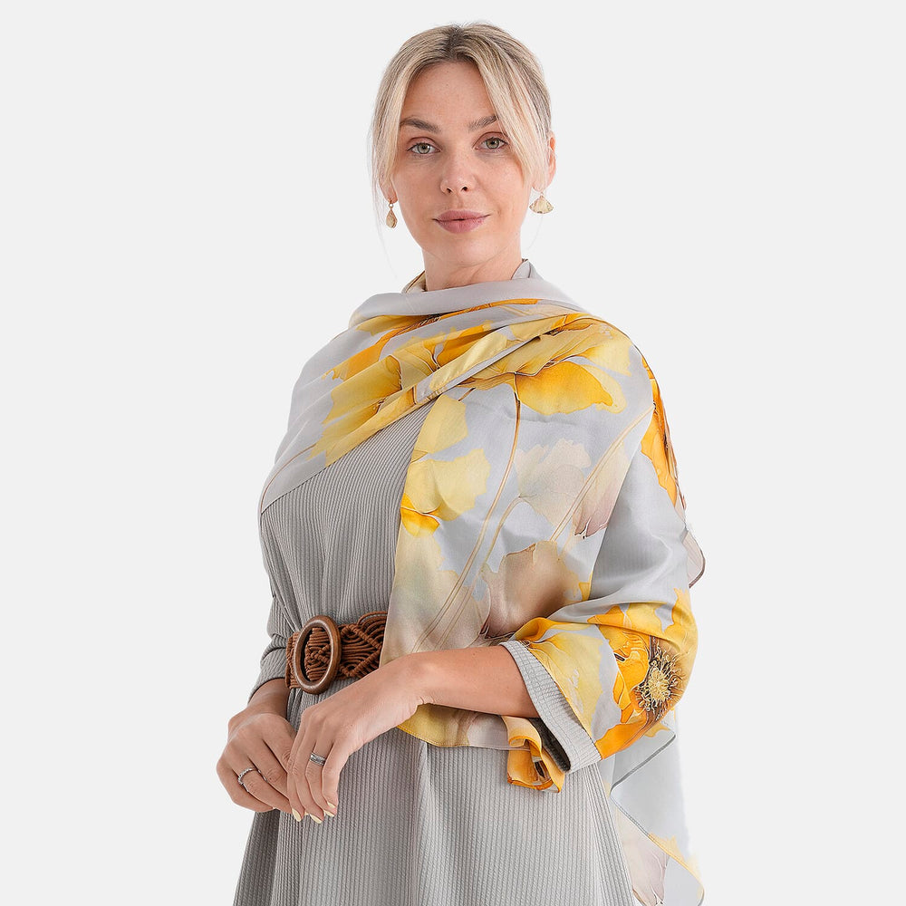 The luxury Re-defined - Valissiere 100 % Mulberry Silk Floral Print Scarf with Earrings - Grey - Yellow