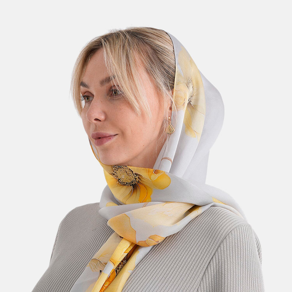 The luxury Re-defined - Valissiere 100 % Mulberry Silk Floral Print Scarf with Earrings - Grey - Yellow