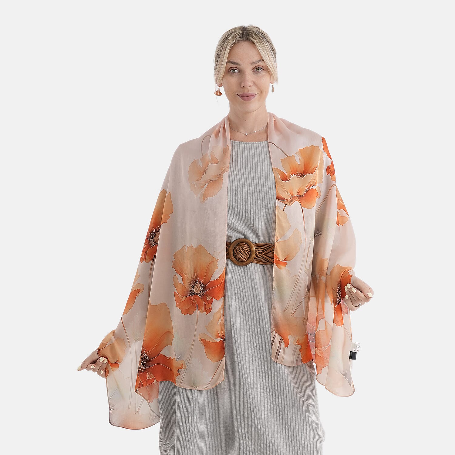 The Luxury Re-defined - Valissiere 100 % Mulberry Silk Floral Print Scarf with Earrings - Orange