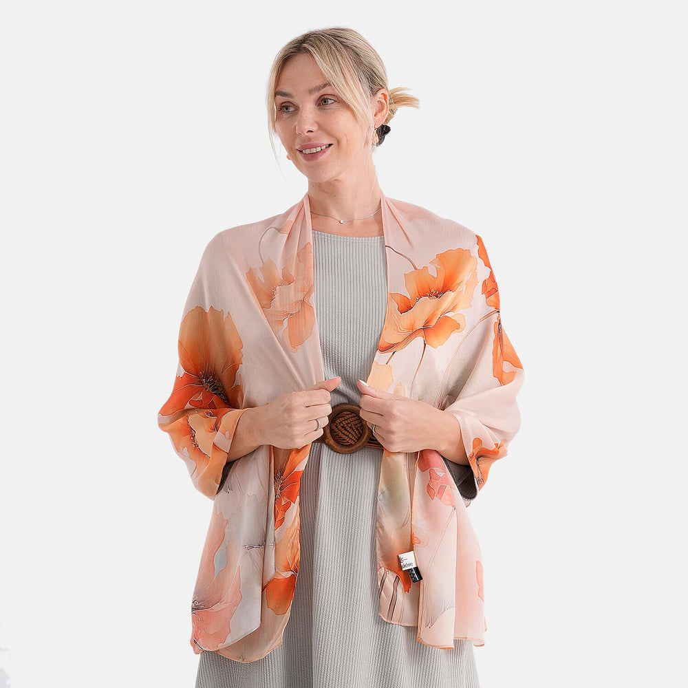 The Luxury Re-defined - Valissiere 100 % Mulberry Silk Floral Print Scarf with Earrings - Orange
