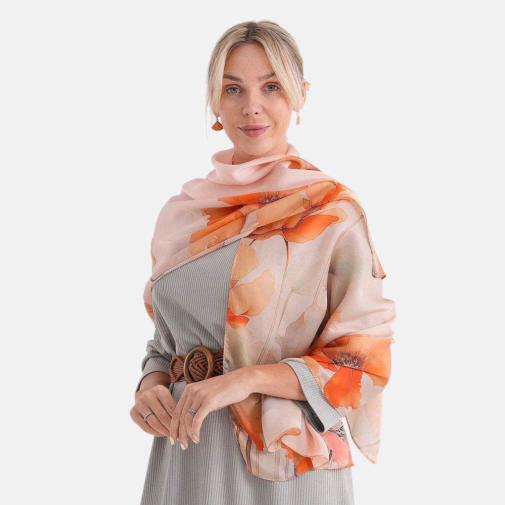 The Luxury Re-defined - Valissiere 100 % Mulberry Silk Floral Print Scarf with Earrings - Orange