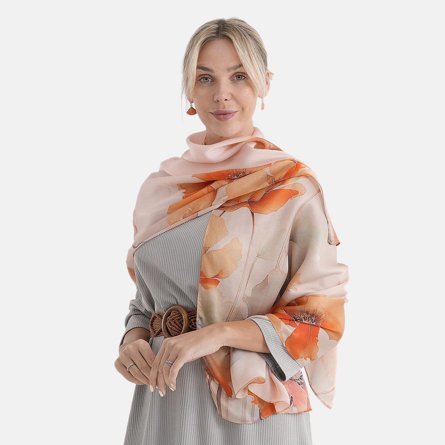 The Luxury Re-defined - Valissiere 100 % Mulberry Silk Floral Print Scarf with Earrings - Orange