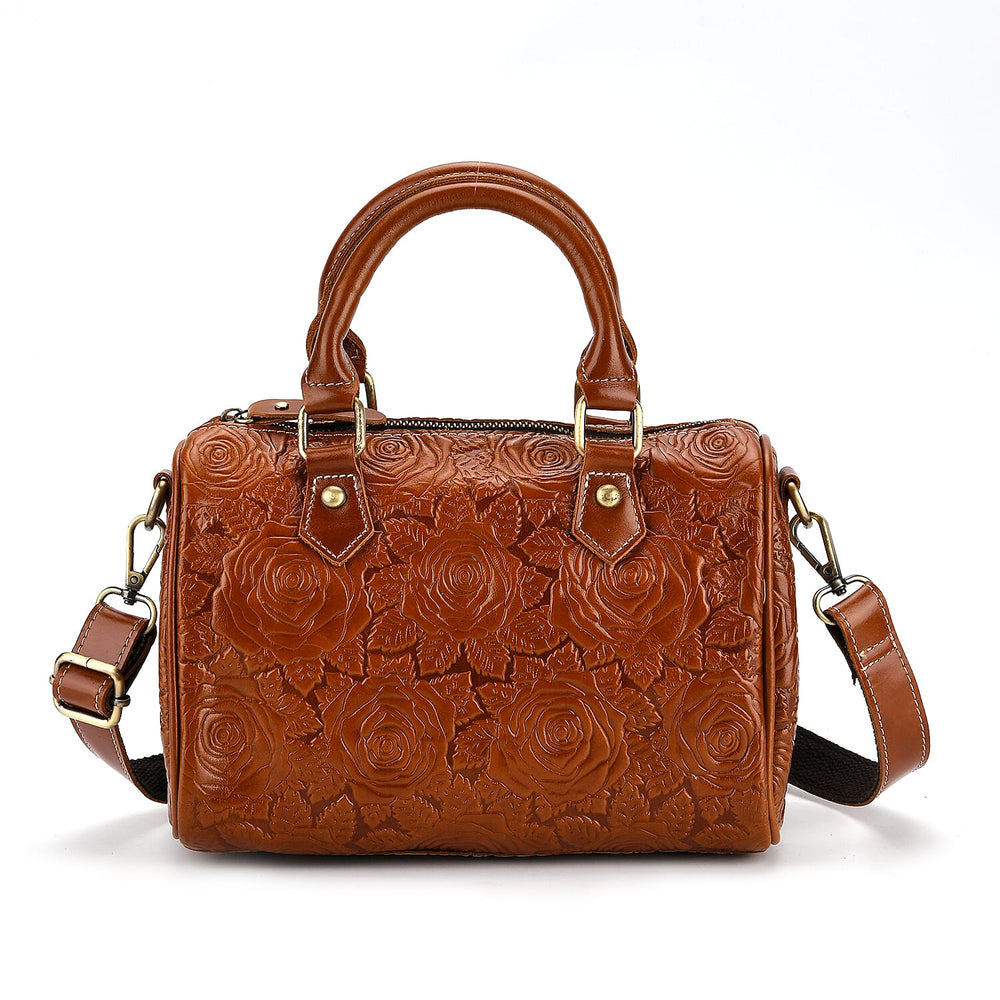 Valissiere Brocade with Genuine Leather Satchel Handbag with Shoulder Strap (120 cm) - Brown