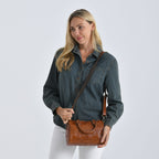 Valissiere Brocade with Genuine Leather Satchel Handbag with Shoulder Strap (120 cm) - Brown
