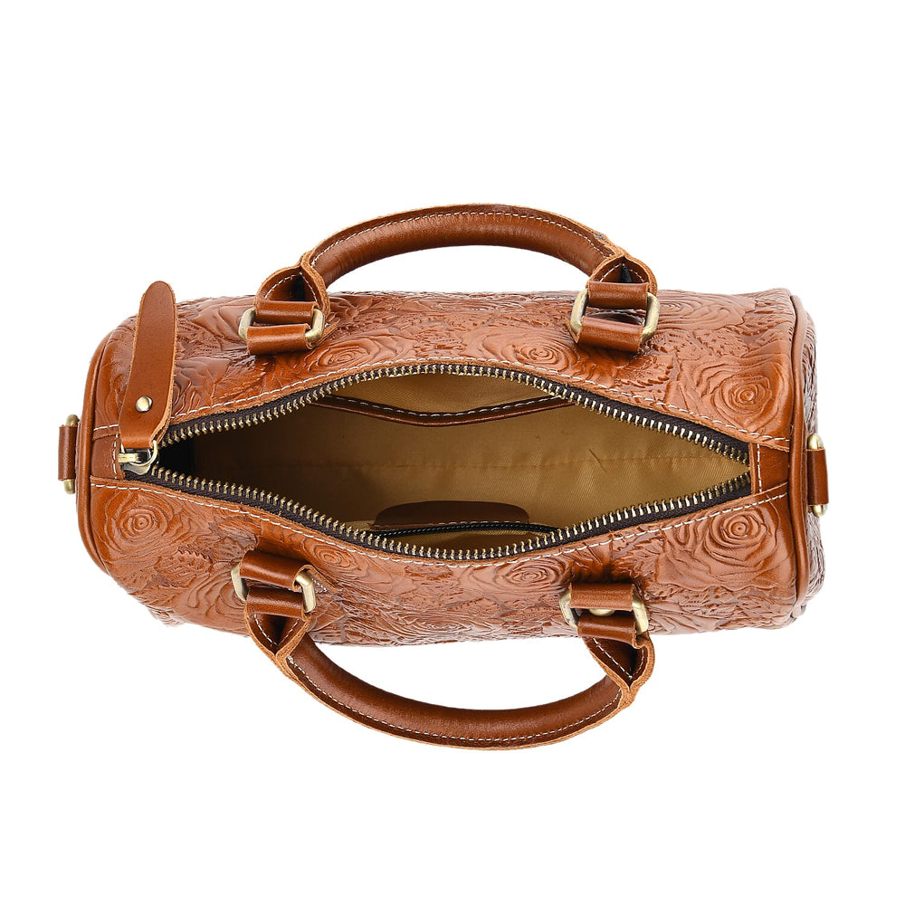 Valissiere Brocade with Genuine Leather Satchel Handbag with Shoulder Strap (120 cm) - Brown
