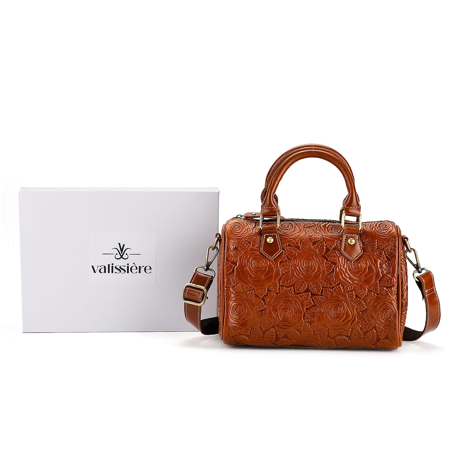 Valissiere Brocade with Genuine Leather Satchel Handbag with Shoulder Strap (120 cm) - Brown