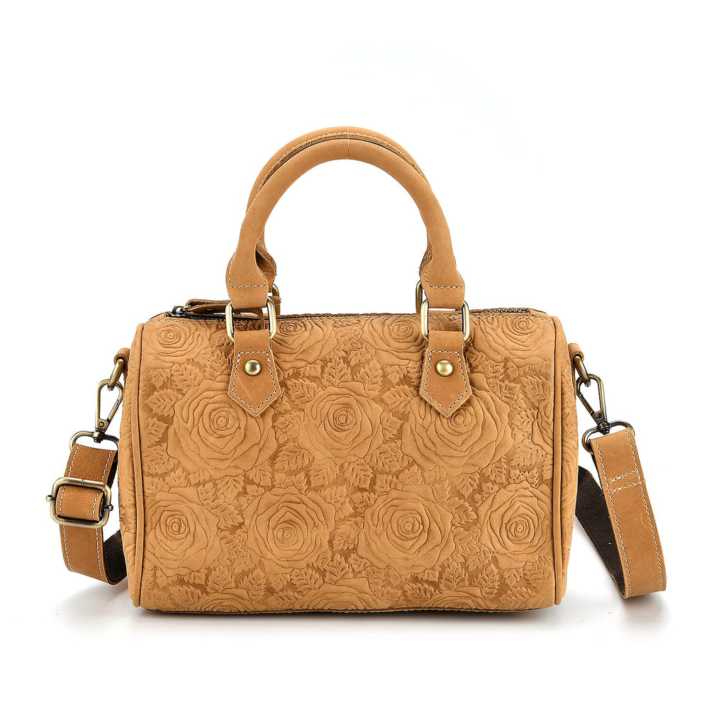 Valissiere Brocade with Genuine Leather Satchel Handbag with Shoulder Strap (120 cm) - Yellow