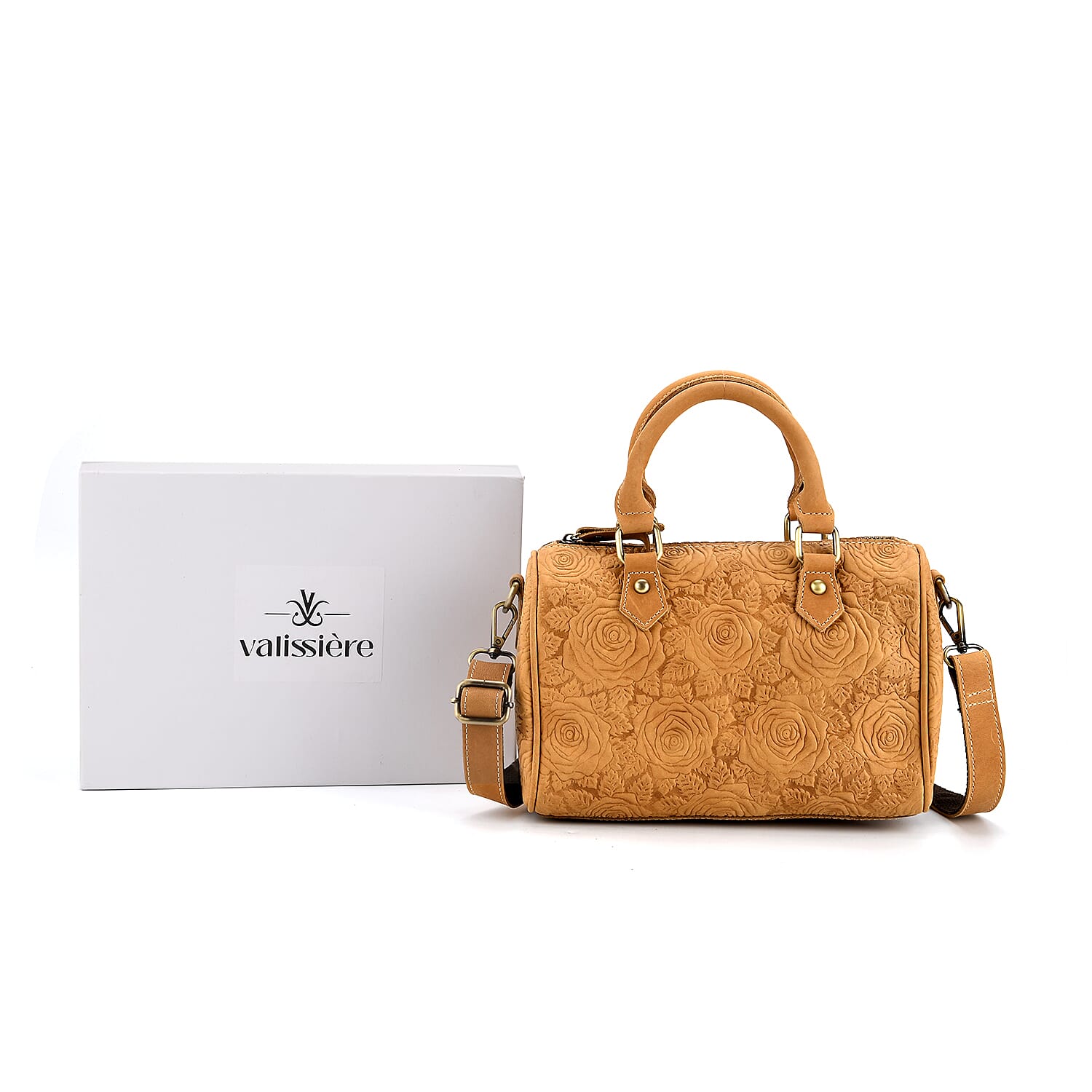 Valissiere Brocade with Genuine Leather Satchel Handbag with Shoulder Strap (120 cm) - Yellow