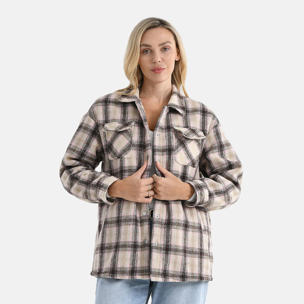 Valissiere Women’s Checkered Coat with Green & Pink Pattern and Lightweight Layering Fit