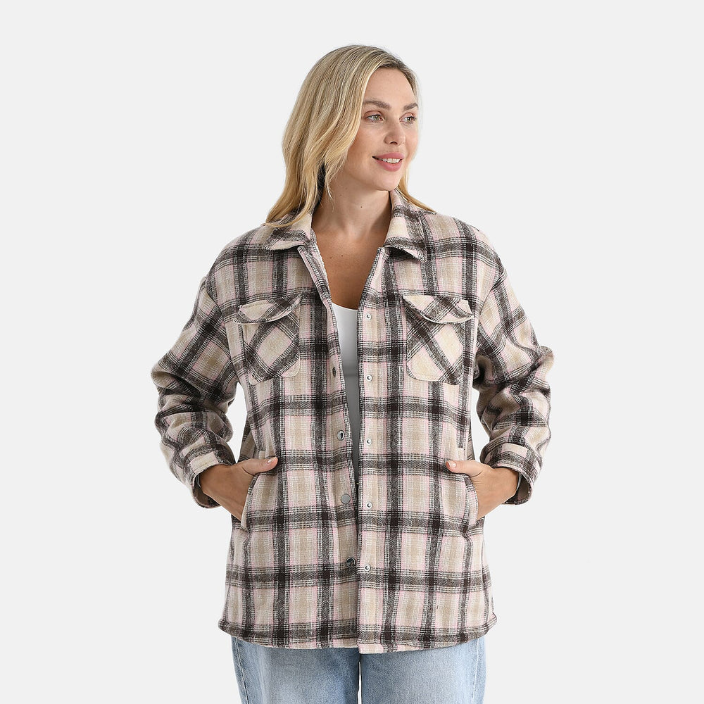 Valissiere Women’s Checkered Coat with Green & Pink Pattern and Lightweight Layering Fit