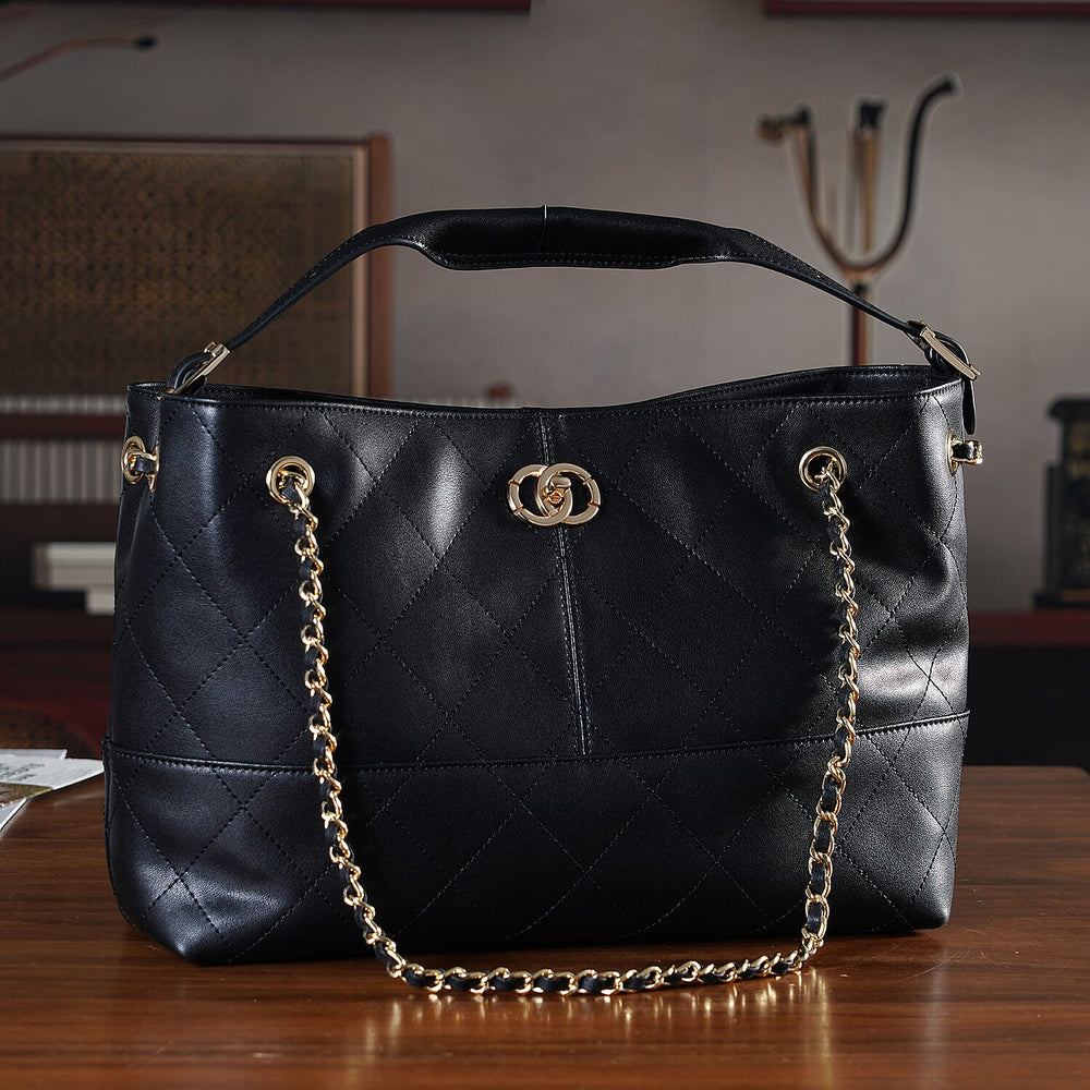 Valisseire Genuine Leather Designer Handbag with Gold Chain Strap - Black