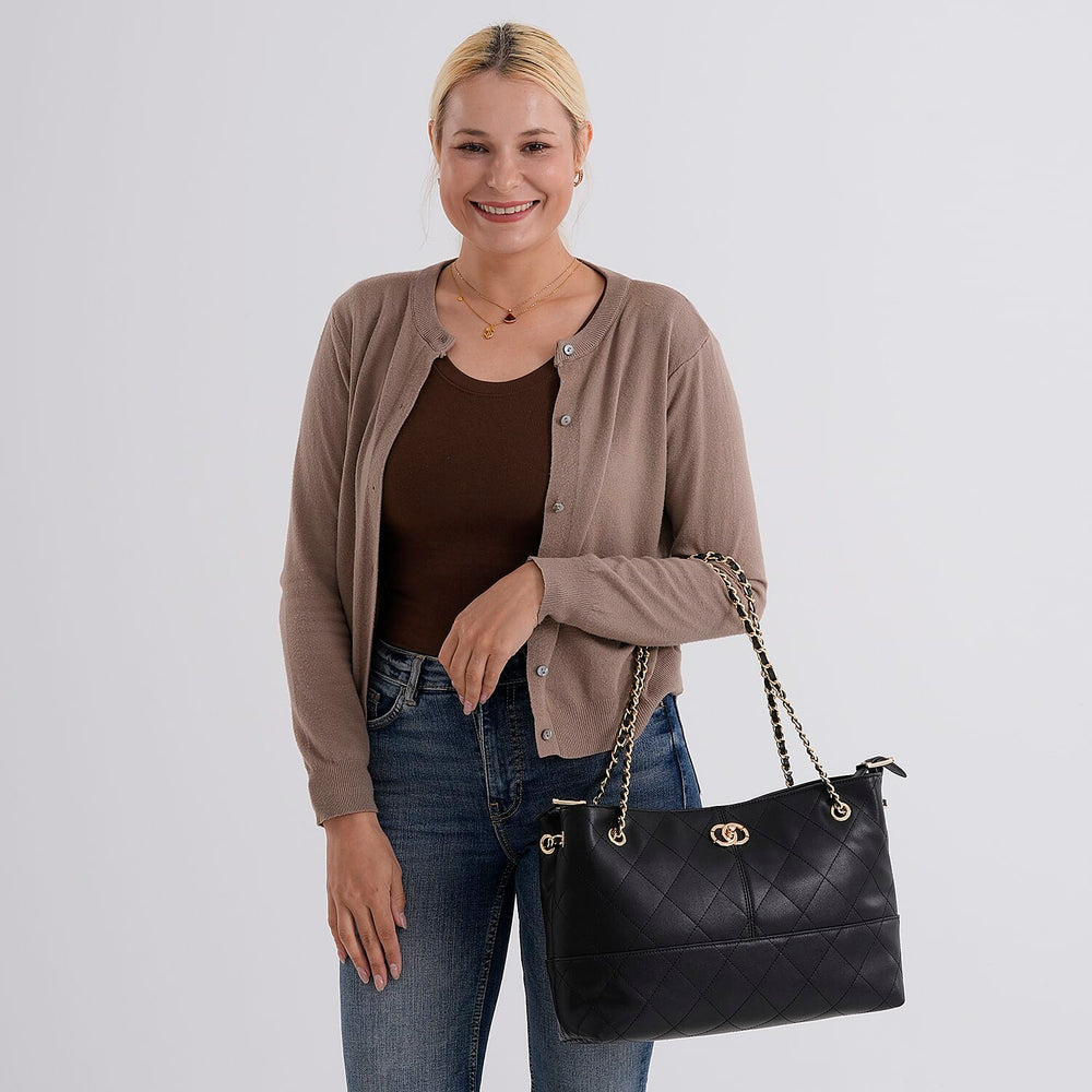 Valisseire Genuine Leather Designer Handbag with Gold Chain Strap - Black