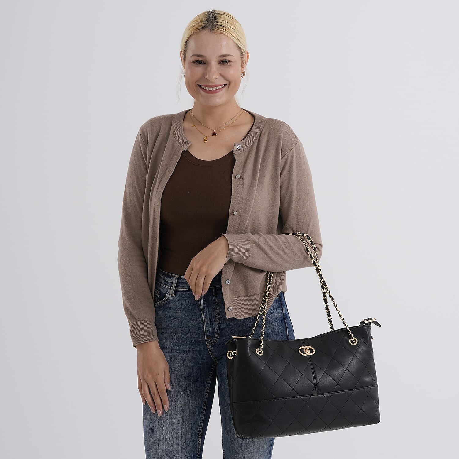 Valisseire Genuine Leather Designer Handbag with Gold Chain Strap - Black