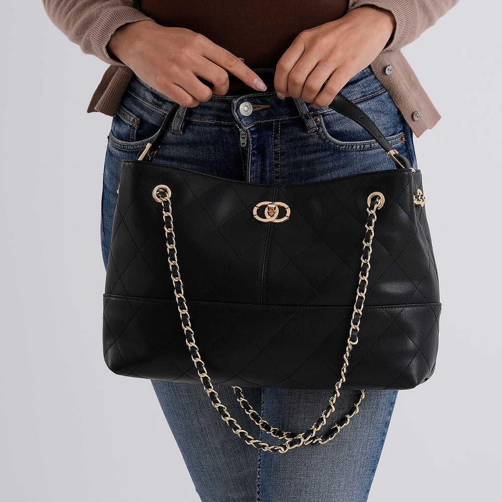 Valisseire Genuine Leather Designer Handbag with Gold Chain Strap - Black