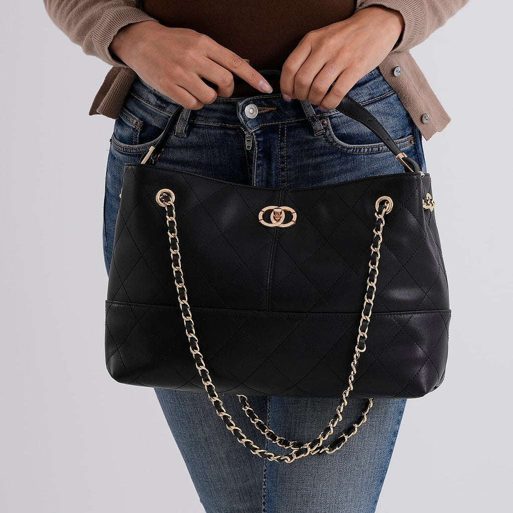 Valisseire Genuine Leather Designer Handbag with Gold Chain Strap - Black