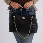 Valisseire Genuine Leather Designer Handbag with Gold Chain Strap - Black