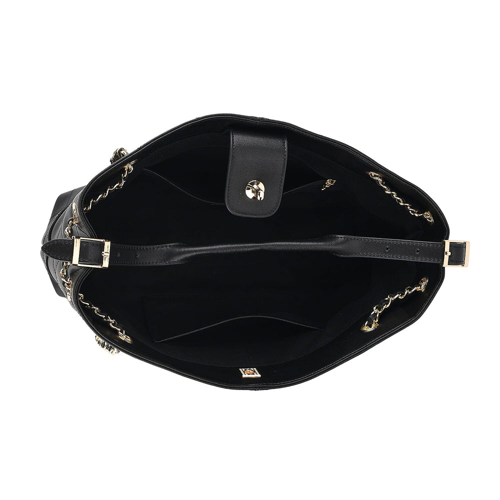 Valisseire Genuine Leather Designer Handbag with Gold Chain Strap - Black