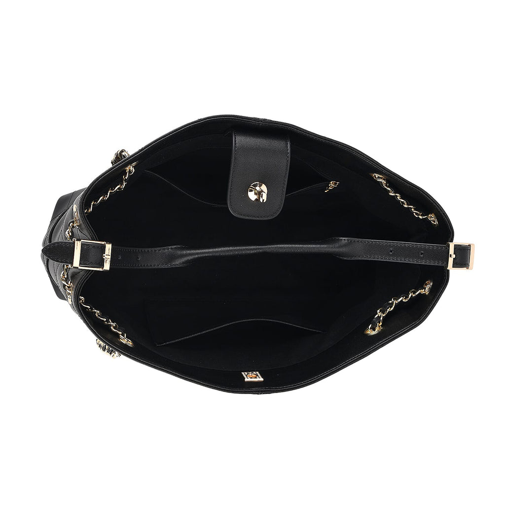 Valisseire Genuine Leather Designer Handbag with Gold Chain Strap - Black