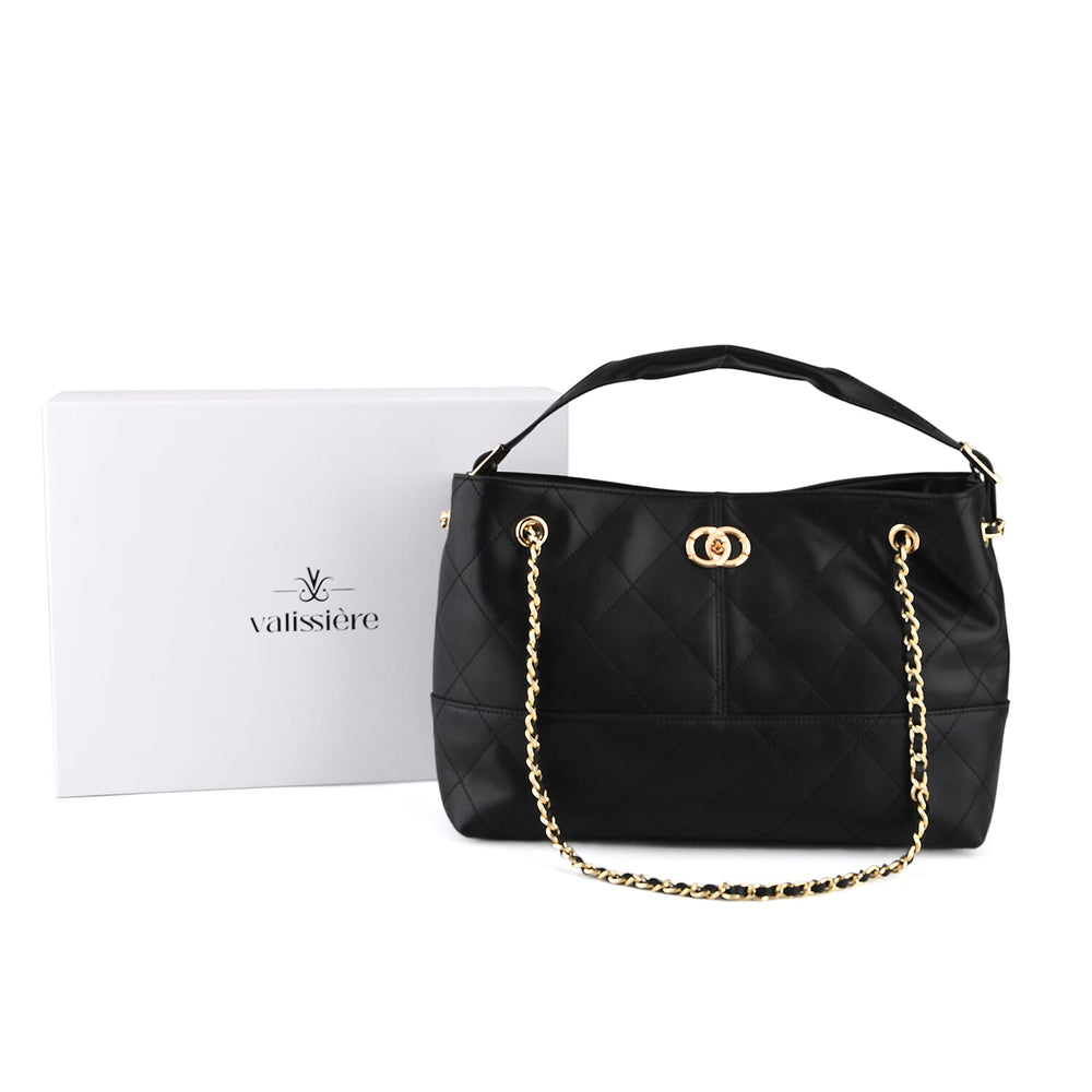 Valisseire Genuine Leather Designer Handbag with Gold Chain Strap - Black