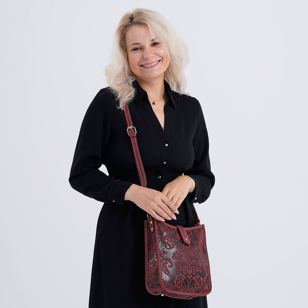 Genuine Leather Crossbody Bag with Embossed Floral Brocade - Red