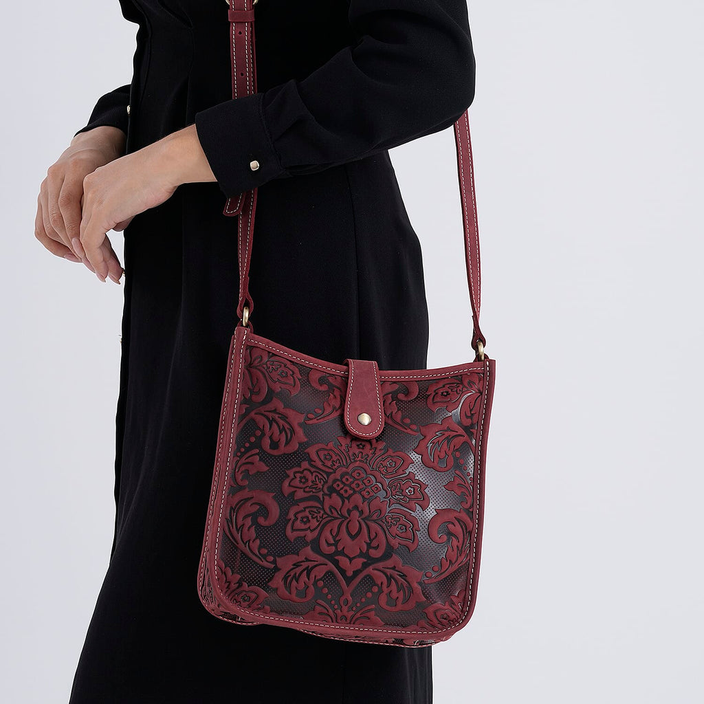 Genuine Leather Crossbody Bag with Embossed Floral Brocade - Red
