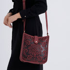 Genuine Leather Crossbody Bag with Embossed Floral Brocade - Red