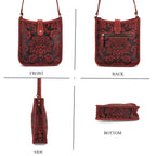 Genuine Leather Crossbody Bag with Embossed Floral Brocade - Red