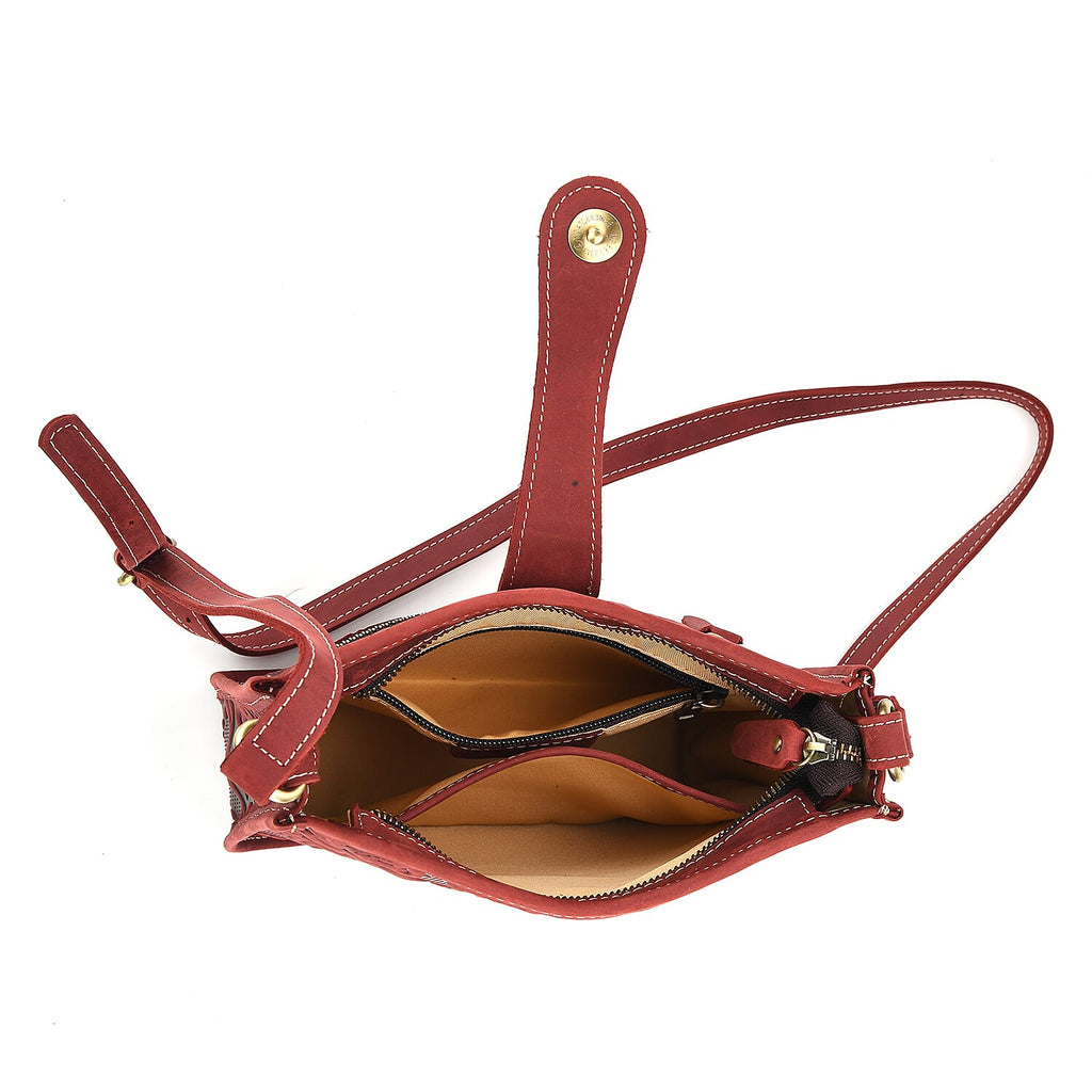 Genuine Leather Crossbody Bag with Embossed Floral Brocade - Red