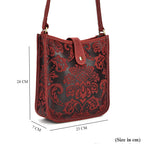Genuine Leather Crossbody Bag with Embossed Floral Brocade - Red