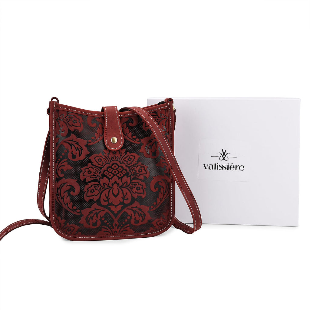 Genuine Leather Crossbody Bag with Embossed Floral Brocade - Red