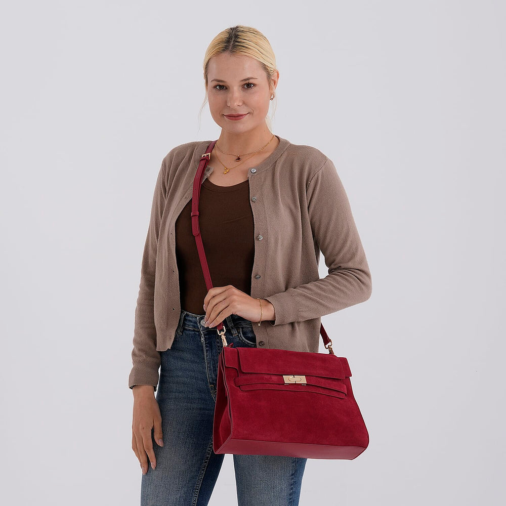 Valissiere Designer Inspired Genuine Leather - Suede Satchel with Crossbody Strap - Burgundy