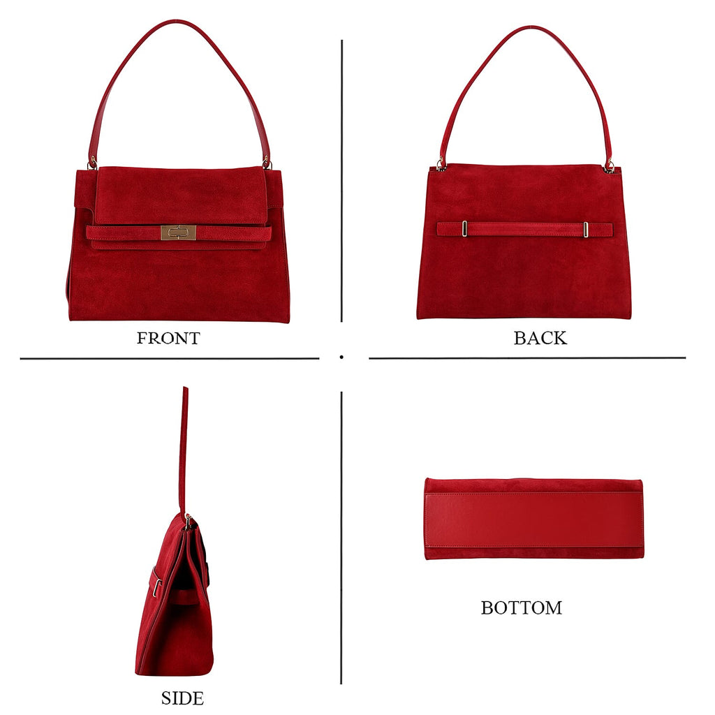 Valissiere Designer Inspired Genuine Leather - Suede Satchel with Crossbody Strap - Burgundy