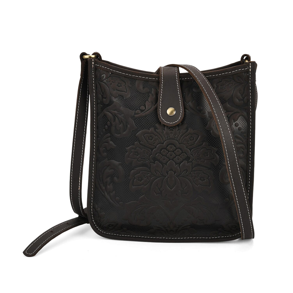 Genuine Leather Crossbody Bag with Embossed Floral Brocade - Black
