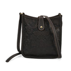 Genuine Leather Crossbody Bag with Embossed Floral Brocade - Black