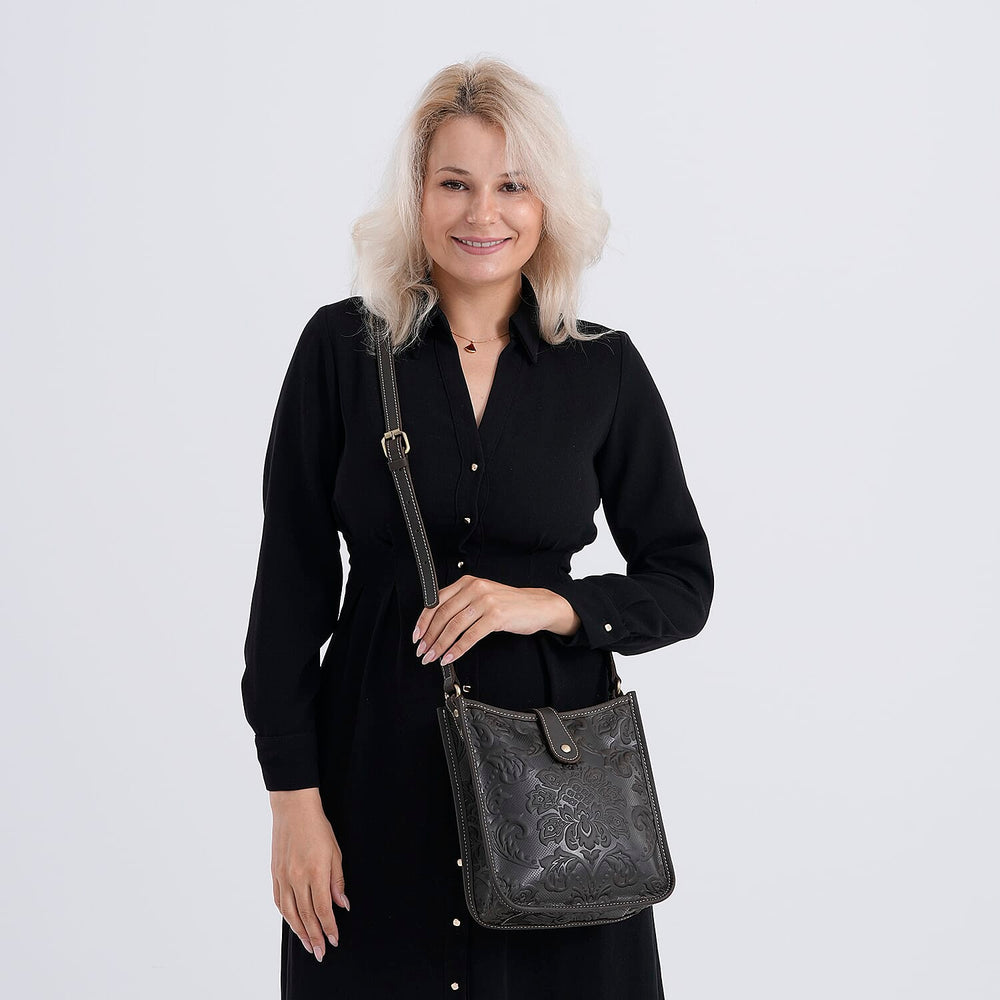 Genuine Leather Crossbody Bag with Embossed Floral Brocade - Black