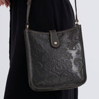 Genuine Leather Crossbody Bag with Embossed Floral Brocade - Black