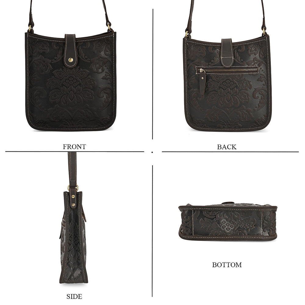 Genuine Leather Crossbody Bag with Embossed Floral Brocade - Black