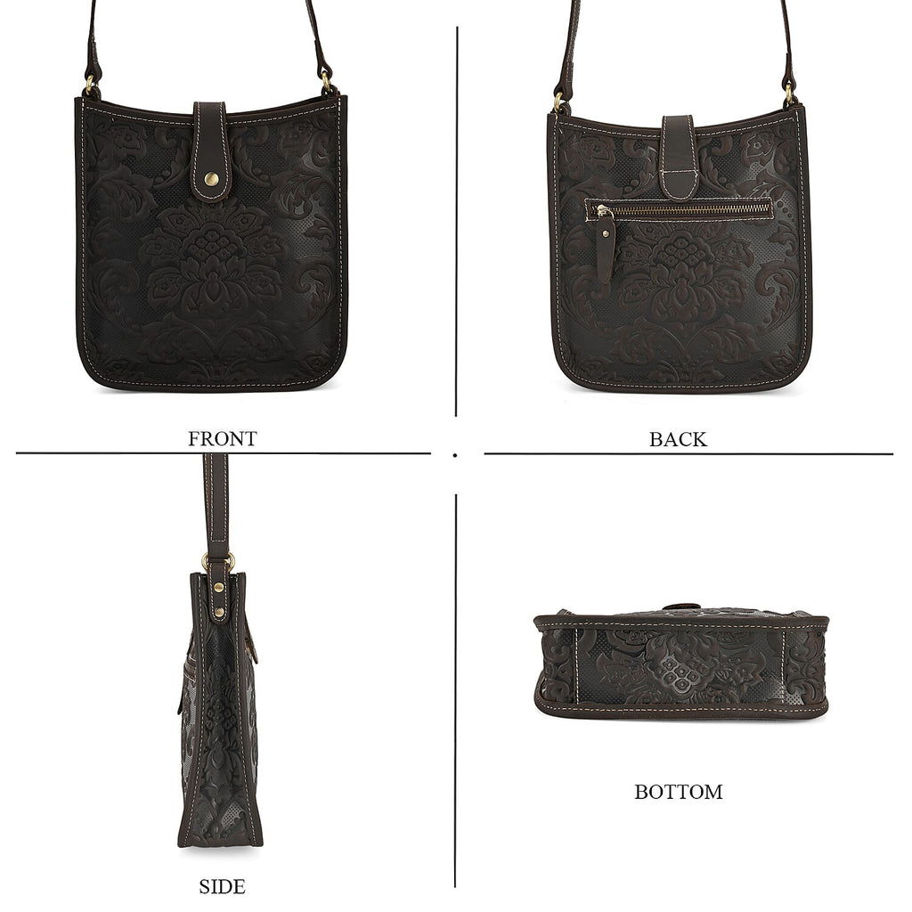 Genuine Leather Crossbody Bag with Embossed Floral Brocade - Black