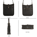 Genuine Leather Crossbody Bag with Embossed Floral Brocade - Black