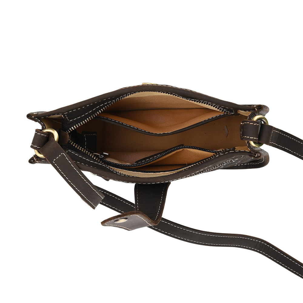 Genuine Leather Crossbody Bag with Embossed Floral Brocade - Black