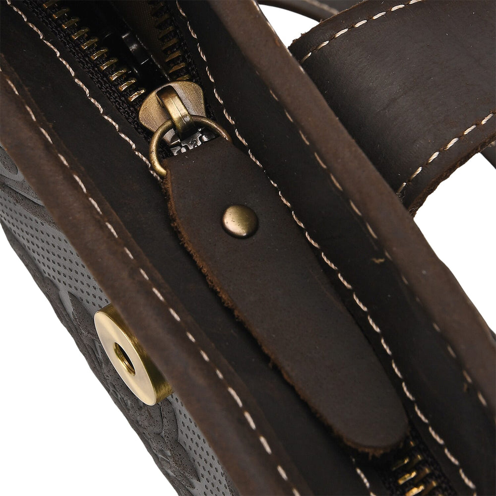 Genuine Leather Crossbody Bag with Embossed Floral Brocade - Black