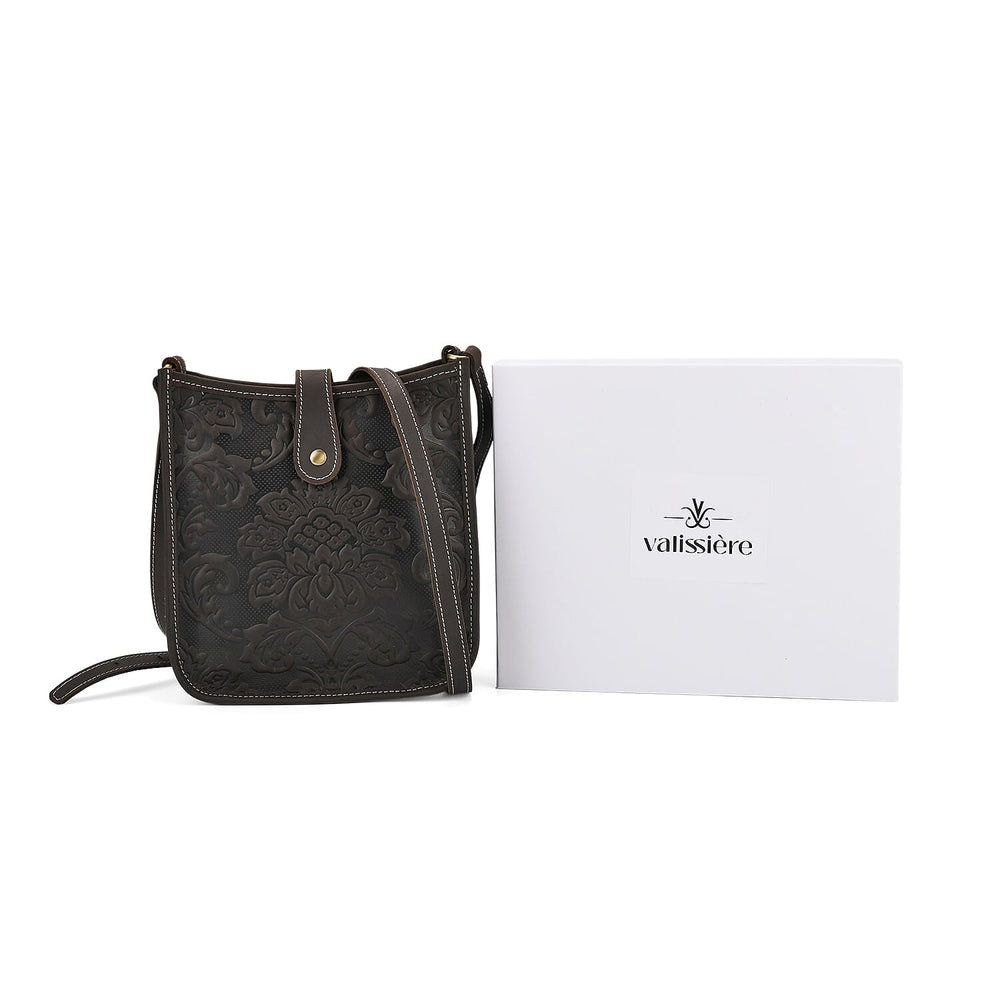 Genuine Leather Crossbody Bag with Embossed Floral Brocade - Black