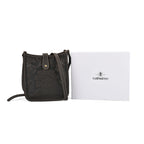 Genuine Leather Crossbody Bag with Embossed Floral Brocade - Black