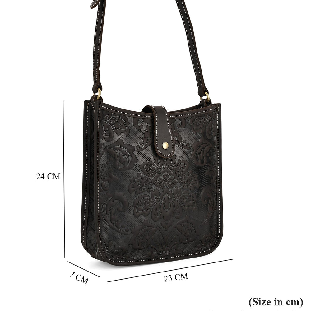 Genuine Leather Crossbody Bag with Embossed Floral Brocade - Black