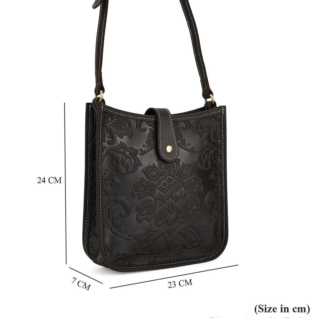 Genuine Leather Crossbody Bag with Embossed Floral Brocade - Black