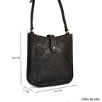 Genuine Leather Crossbody Bag with Embossed Floral Brocade - Black