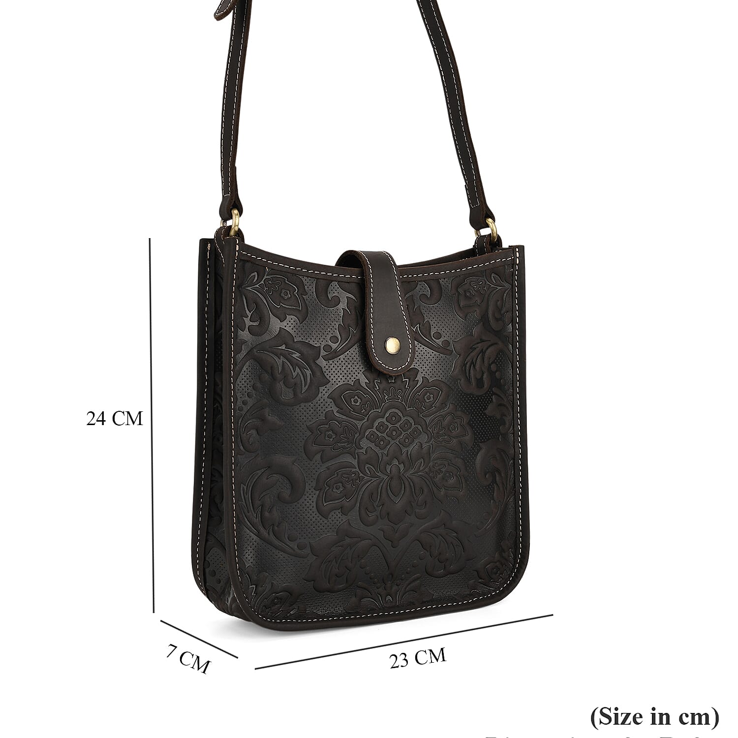 Genuine Leather Crossbody Bag with Embossed Floral Brocade - Black
