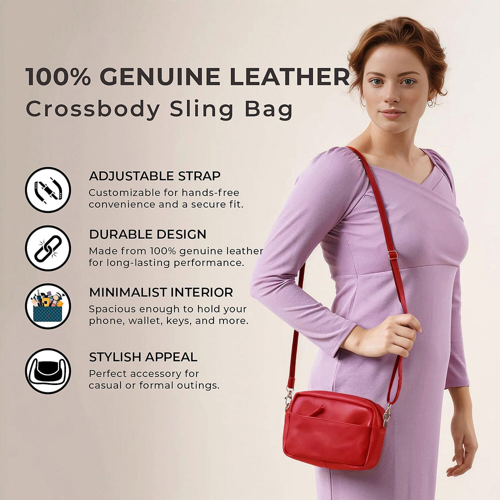Valissiere Croc Embossed Genuine Leather Crossbody Sling Bag With Front Zip Pocket - Red