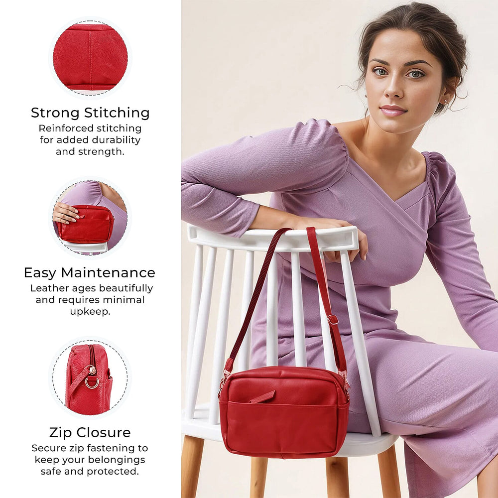 Valissiere Croc Embossed Genuine Leather Crossbody Sling Bag With Front Zip Pocket - Red